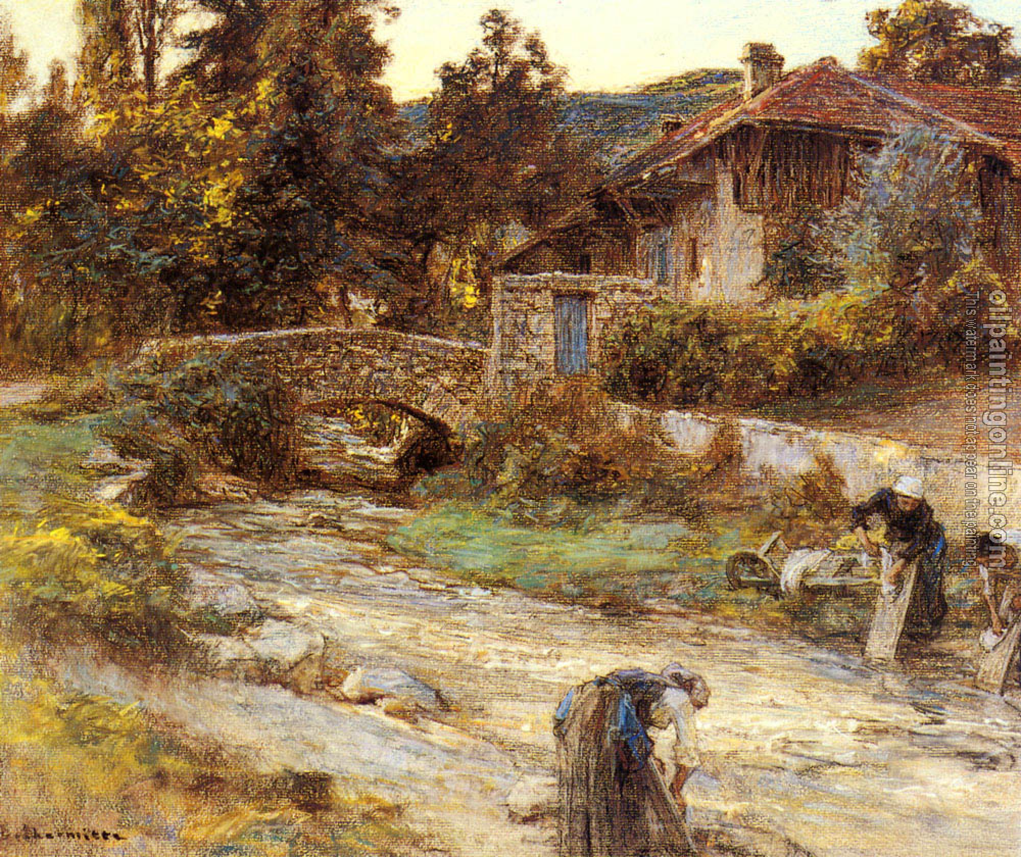 Lhermitte, Leon Augustin - Washerwomen at a Stream with Buildings beyond